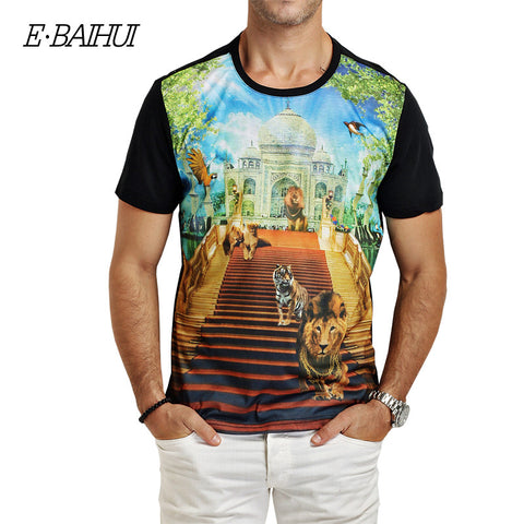 E Baihui 2016 new Summer Fashion Men Slim Short Sleeve T shirt Swag Clothing O-NECK men black 3D printed lion T Shirts y003