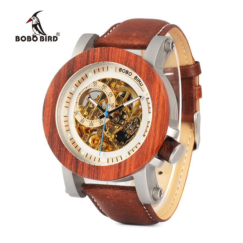 BOBO BIRD WK12 Red Sandalwood&Steel Exposed Mechanical Watch Vintage Bronze Skeleton Clock Male Antique Steampunk Automatic